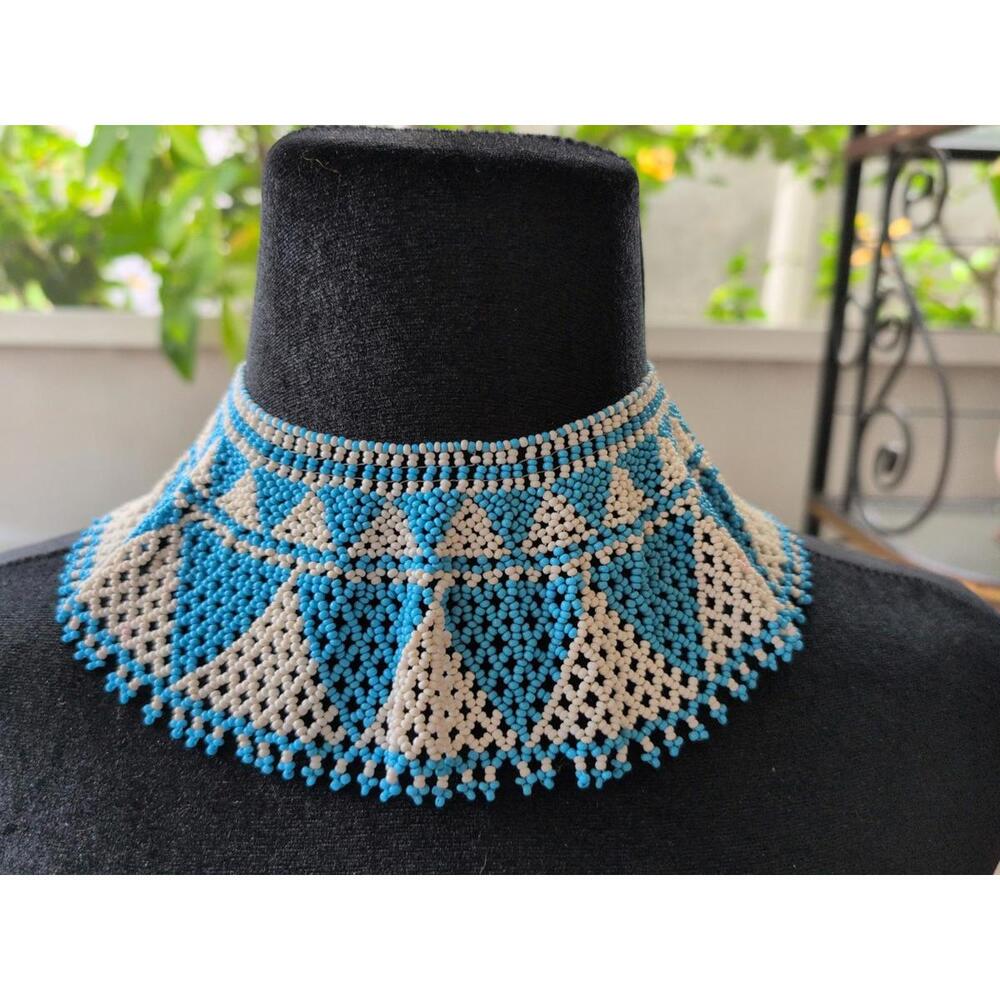 African Beaded Ceremonial Collar Necklace Blue White Tribal Statement